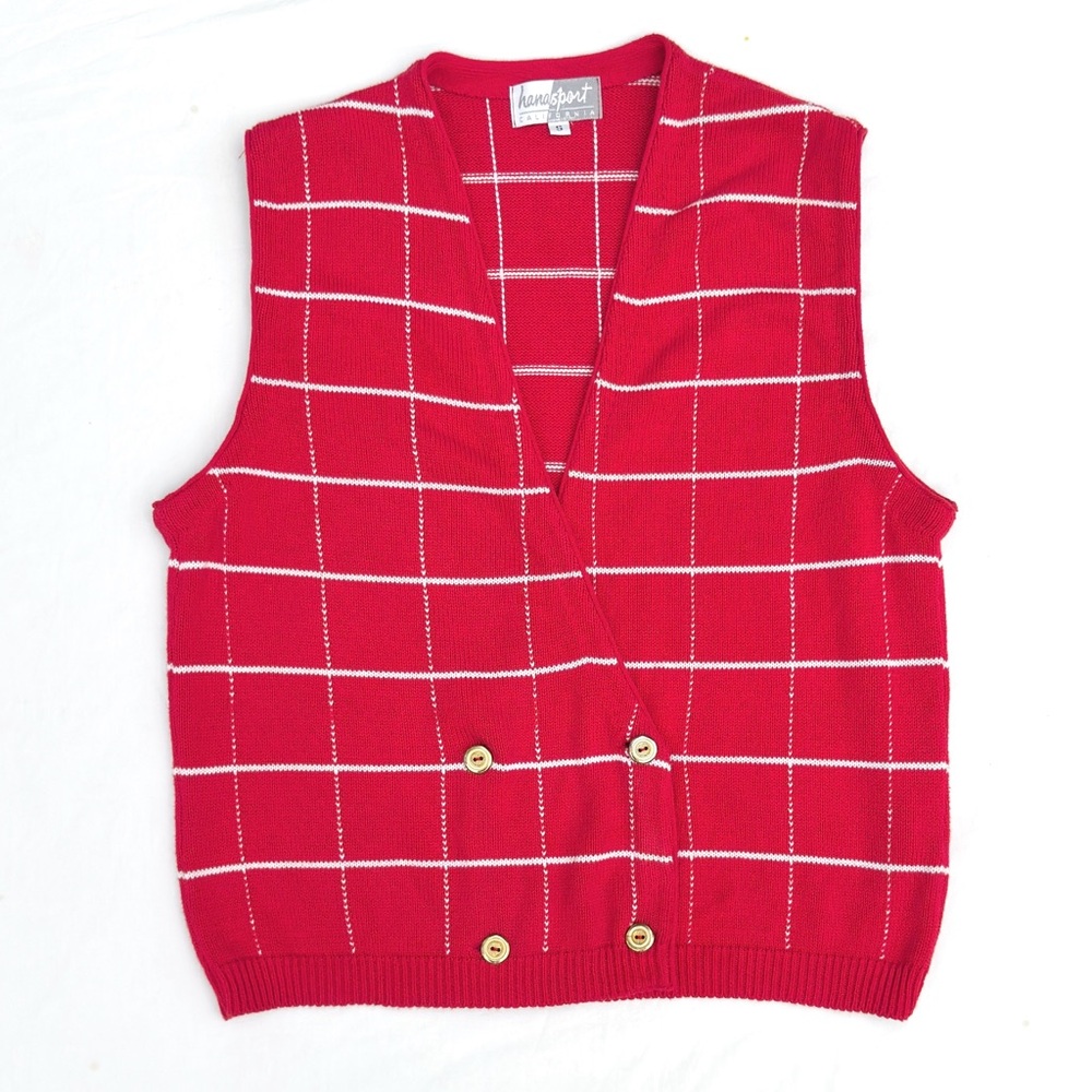 Vintage HanaSport California Red White Retro Windowpane Checkered Sweater Vest